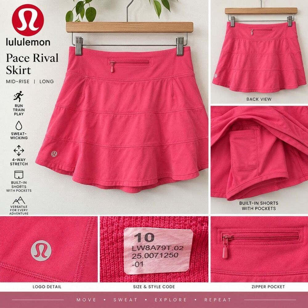 Lululemon Pace Rival Mid-Rise Skirt Long Size 10 Pink Tennis Running Skort